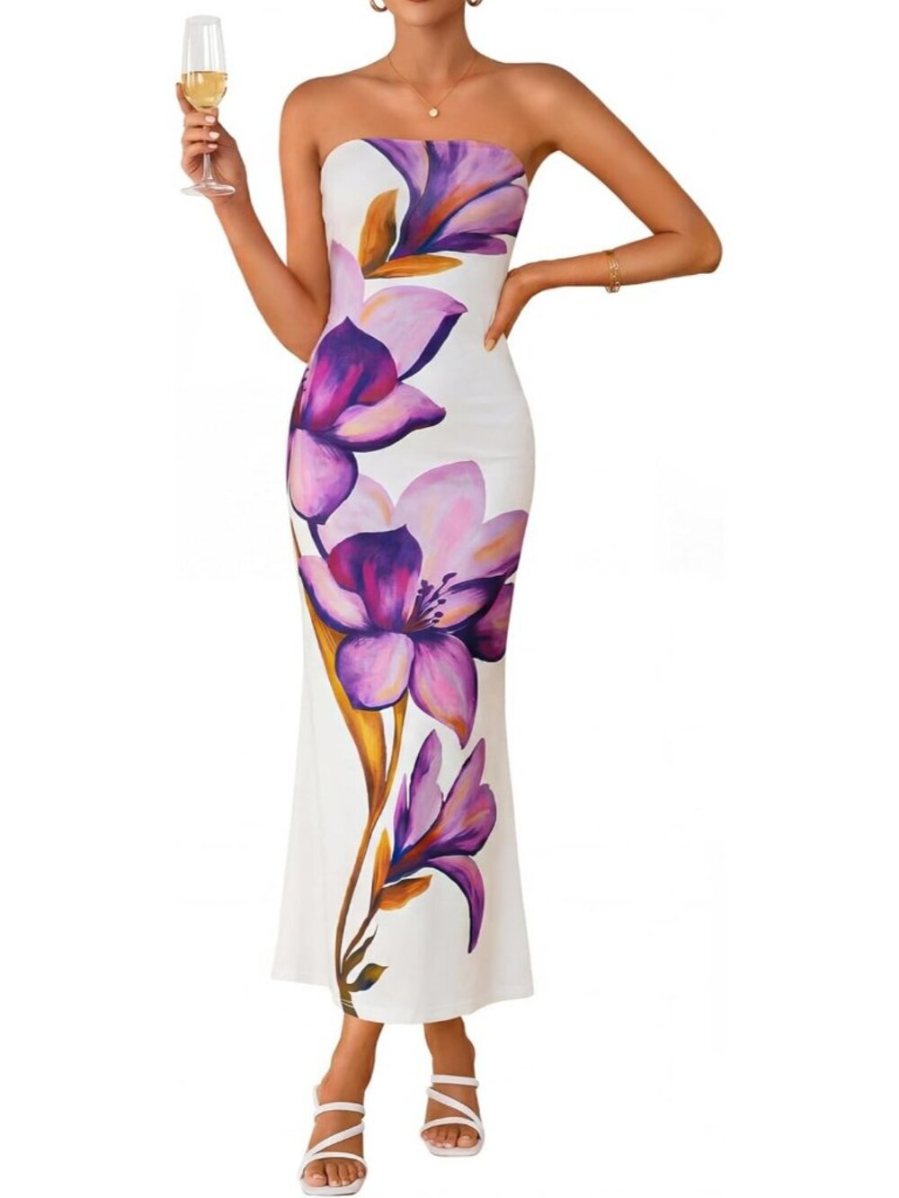 Women's Purple Summer Formal Off Shoulder Strapless Floral Bodycon Maxi Dress